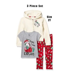 Toddler Girl Christmas Unicorn Sweatshirt Tee Leggings 3 Piece Outfit Set 2T NEW